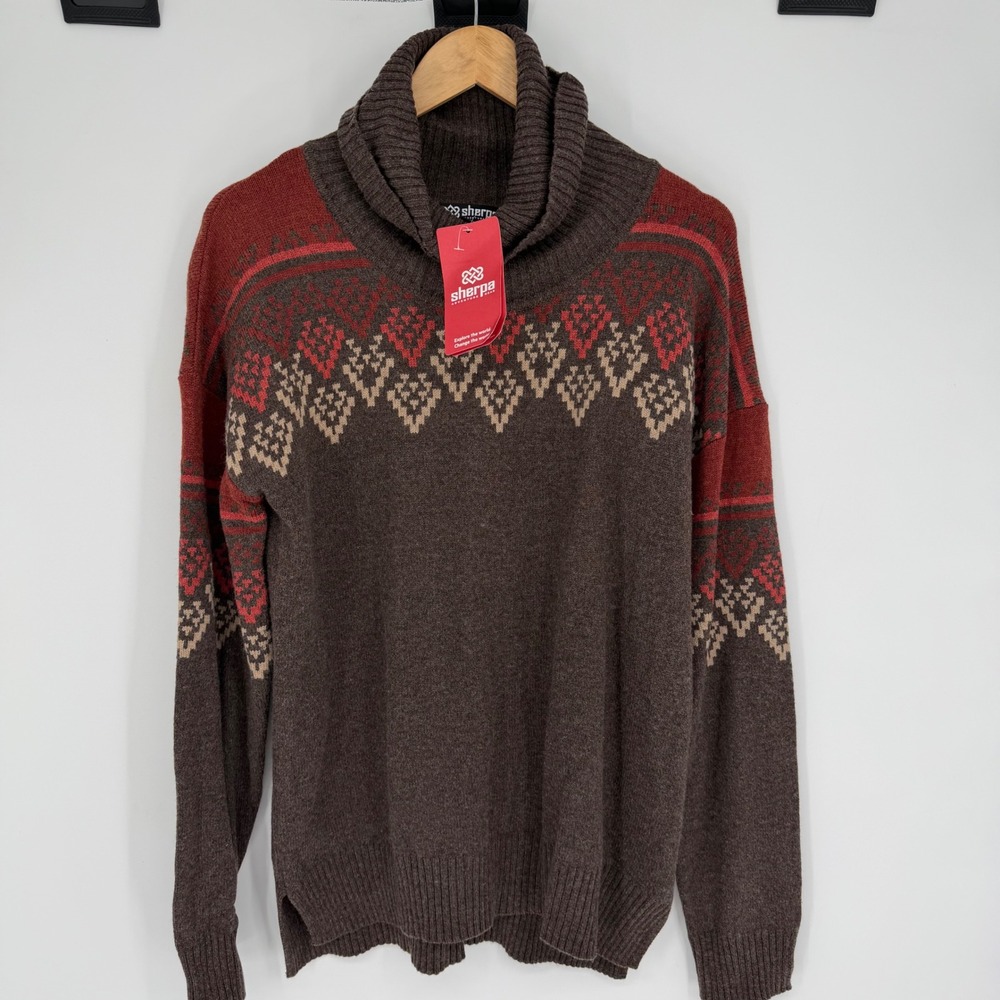 Sherpa Adventure Gear Sweater Women's Azha Roll Neck Brown Red Fair Isle Large